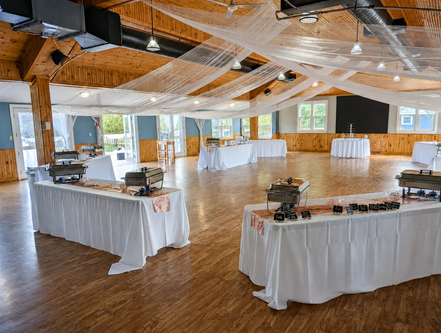 Reception and buffet stations prepared for an H WAY event